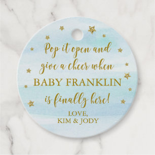 Blue & Gold Stars Pop It Open Baby Shower Favor Tags