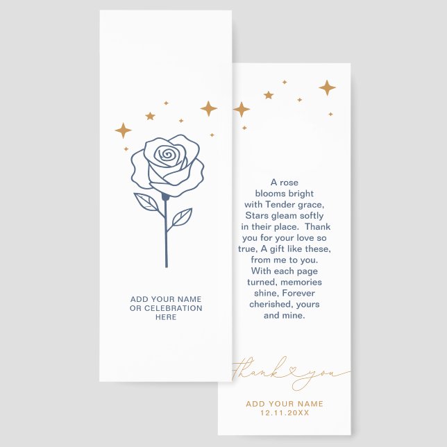 Blue Gold Stars Rose Thank You Heart Script Poem Bookmarks (Front & Back)