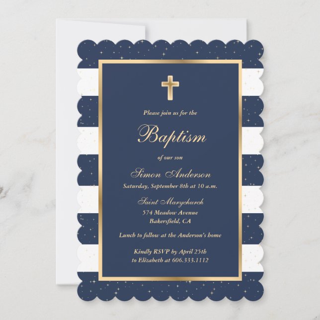 Blue Gold Stars Striped Boy Baptism Invitation (Front)