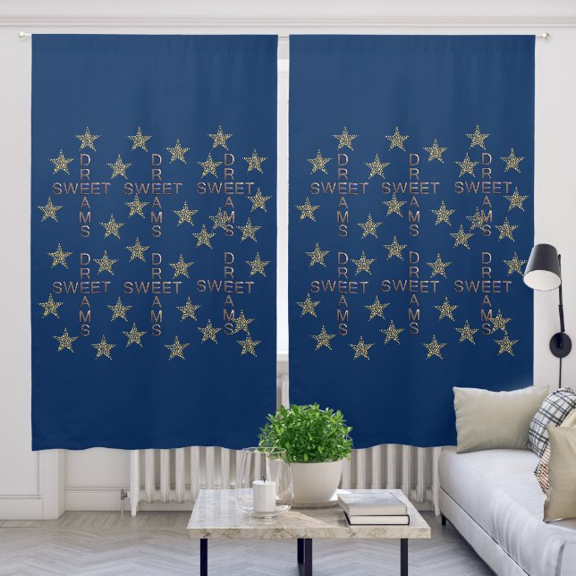 Blue Gold Stars Sweet Dreams Pattern Drapes Blackout Curtains (Living Room)