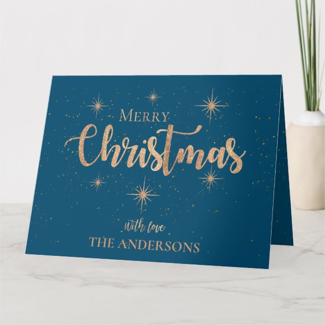 Blue Gold Stars Typography Name Merry Christmas Card (Front)