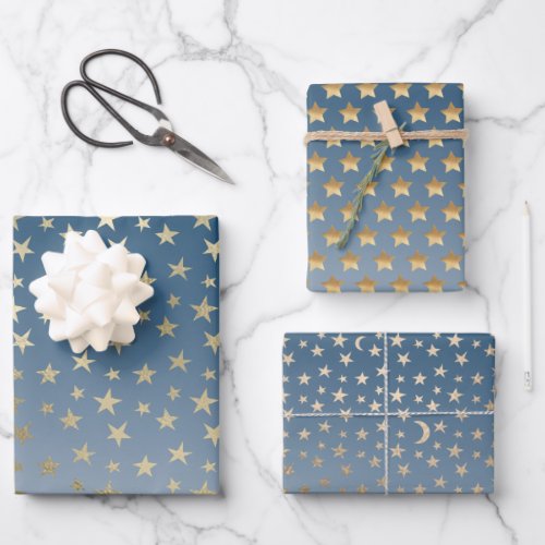 Blue Gold Stars Wrapping Paper Sheets