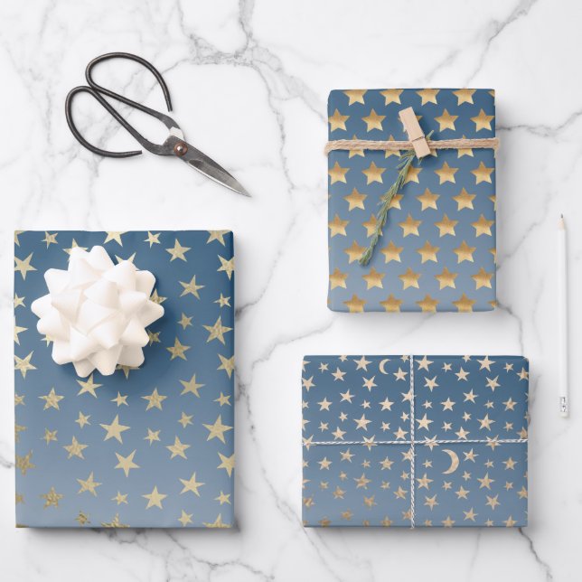 Blue Gold Stars Wrapping Paper Sheets (Front)