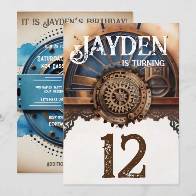 Blue Gold Steampunk Birthday Party Invitation (Front/Back)