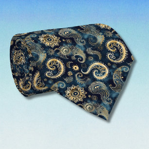 Blue Gold Steampunk Gears Paisley Elegant Neck Tie