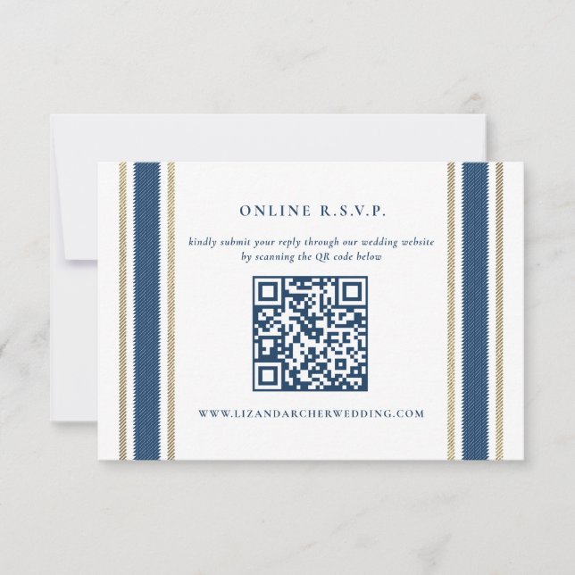 Blue Gold Stripe Nautical Wedding Online RSVP Card (Front)