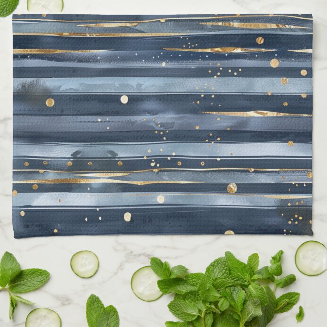 Blue Gold Stripes Dots Kitchen Towel (Folded)