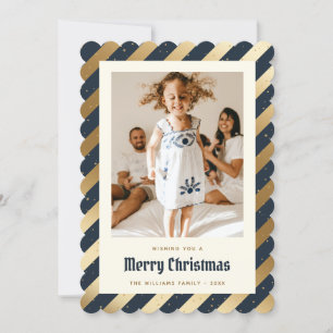 Blue Gold Stripes Merry Christmas Holiday Card