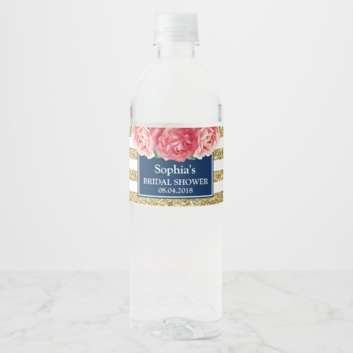 Blue Gold Stripes Pink Floral Bridal Shower Water Bottle Label