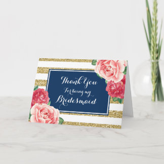 Blue Gold Stripes Pink Floral Thanks Bridesmaid Thank You Card
