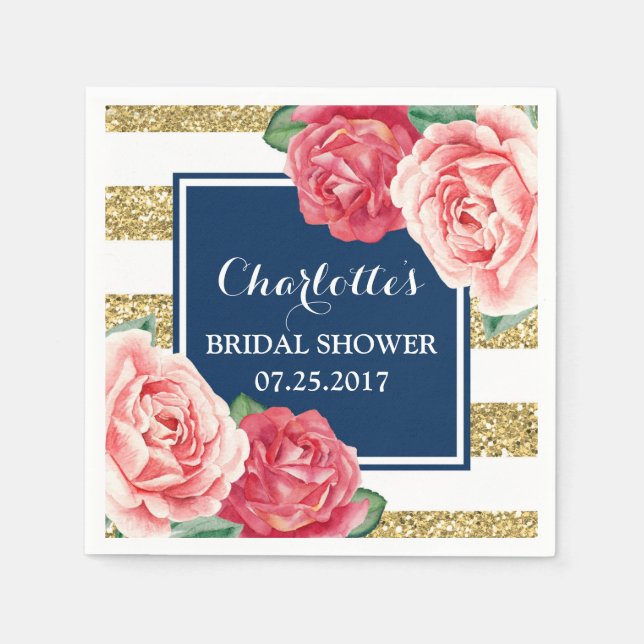 Blue Gold Stripes Pink Flowers Bridal Shower Paper Napkins (Front)