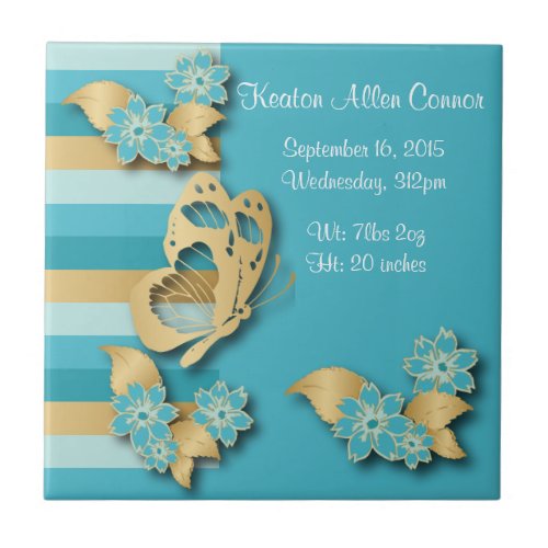 Blue  Gold Stripes with Butterflies for Baby Ceramic Tile