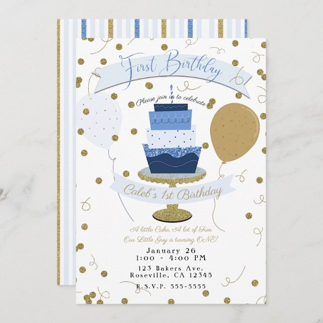 Blue & Gold Sugar is Sweet 1st First Birthday Cake Invitation (Front/Back)