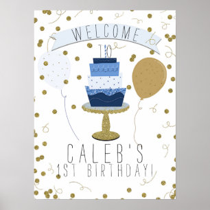 Blue & Gold Sugar is Sweet 1st First Birthday Cake Poster