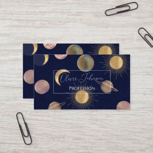Blue Gold Sun Moon Planets Space illustration Business Card