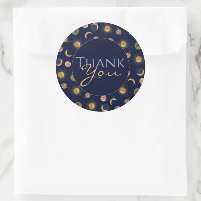 Blue Gold Sun Moon Planets Space illustration Classic Round Sticker (Bag)