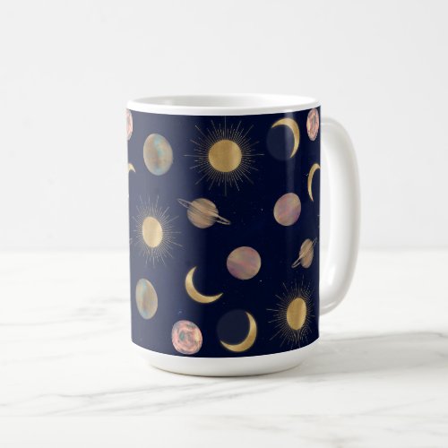 Blue Gold Sun Moon Planets Space illustration Coffee Mug