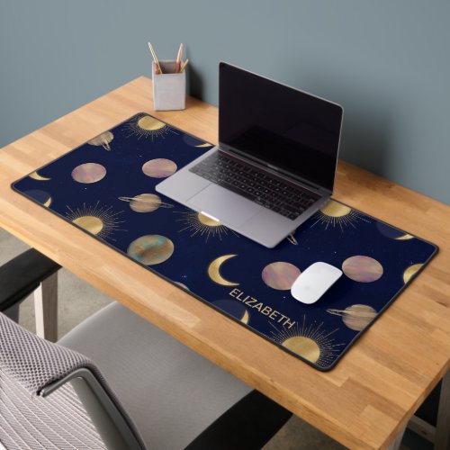 Blue Gold Sun Moon Planets Space illustration Desk Mat