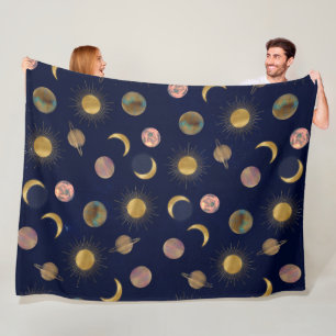 Blue Gold Sun Moon Planets Space illustration Fleece Blanket