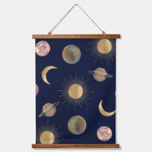 Blue Gold Sun Moon Planets Space illustration Hanging Tapestry