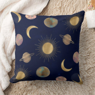 Blue Gold Sun Moon Planets Space illustration Throw Pillow