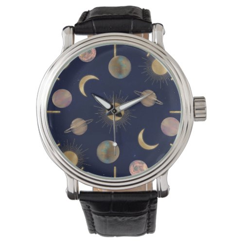 Blue Gold Sun Moon Planets Space illustration Watch