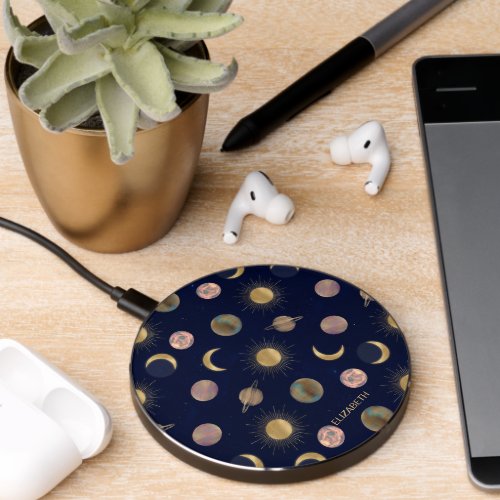 Blue Gold Sun Moon Planets Space illustration Wireless Charger