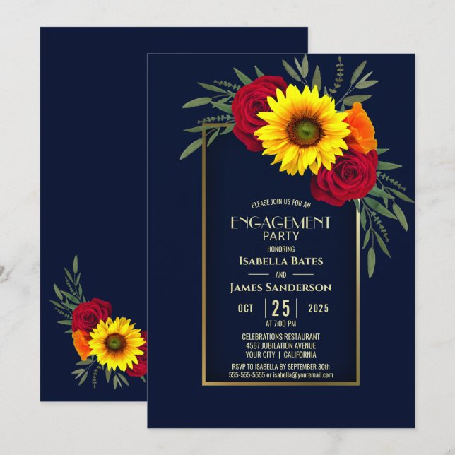 Blue Gold Sunflower Red Rose Engagement Party Invitation (Front/Back)