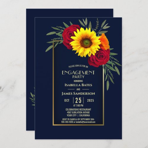 Blue Gold Sunflower Red Rose Engagement Party Invitation