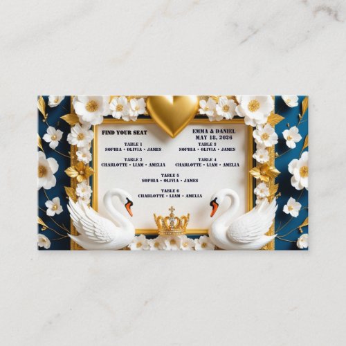 Blue Gold Swan Couple Wedding Theme  Place Card