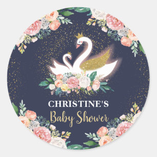 Blue Gold Swan Princess Pink Floral Baby Shower Classic Round Sticker