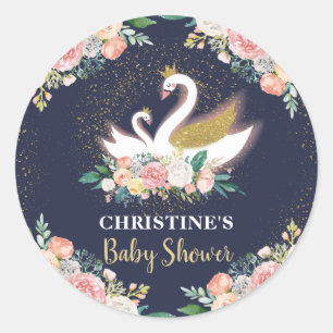 Blue Gold Swan Princess Pink Floral Baby Shower Classic Round Sticker