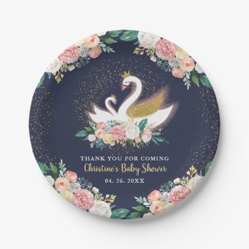 Blue Gold Swan Princess Pink Floral Baby Shower Paper Plates