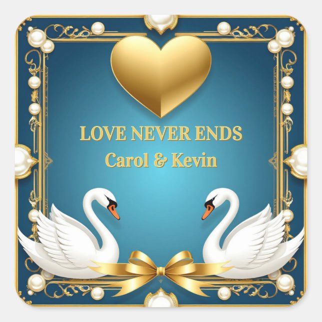 Blue Gold Swan Wedding Name Sign Gift 💍 Square Sticker (Front)