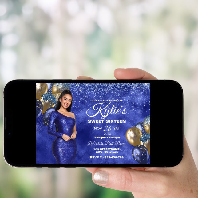 Blue & Gold Sweet 16 Girl Birthday Invitation (Front Digital)