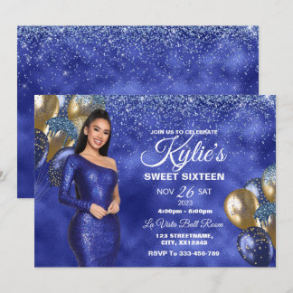Blue & Gold Sweet 16 Girl Birthday Invitation