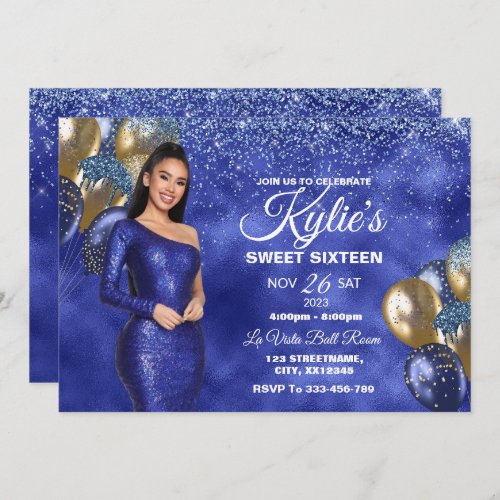 Blue  Gold Sweet 16 Girl Birthday Invitation