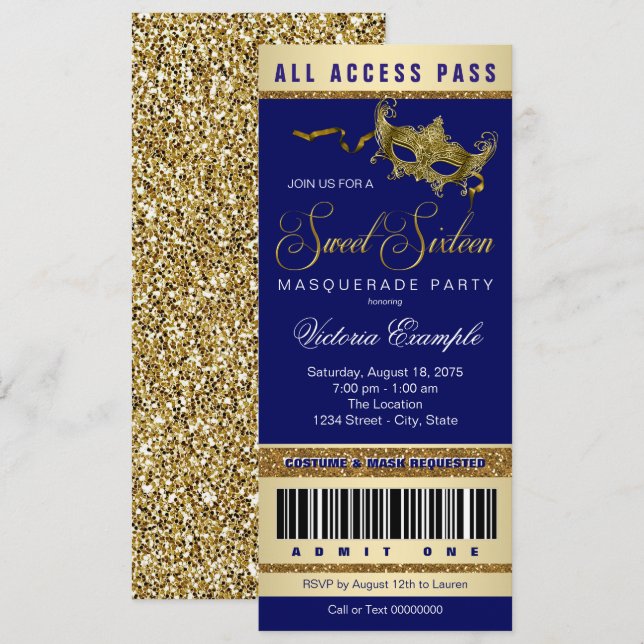 Blue Gold Sweet 16 Masquerade Party Ticket Invitation (Front/Back)