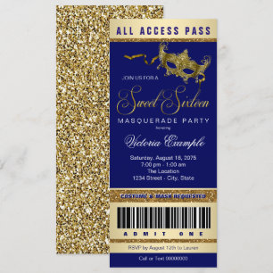 Blue Gold Sweet 16 Masquerade Party Ticket Invitation