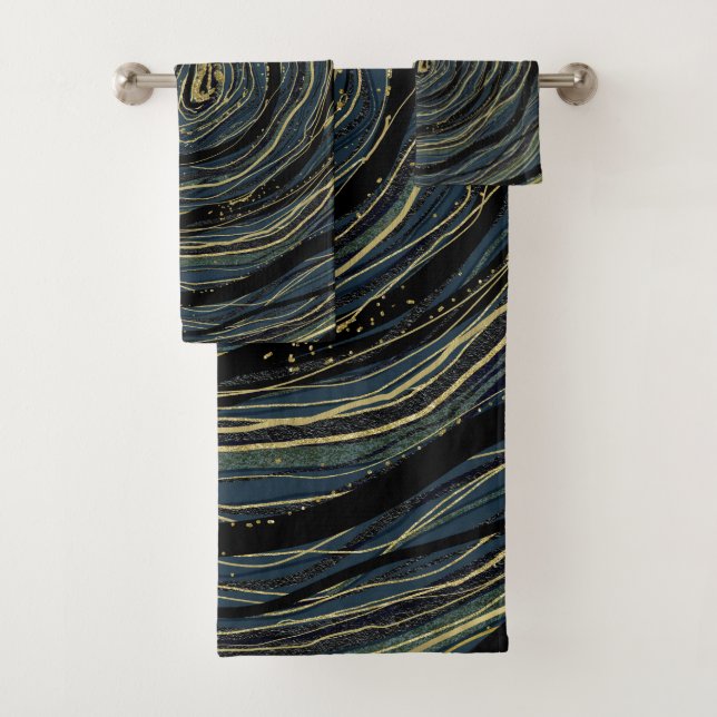 Blue Gold Swirl Glam Art Bath Towel Set (Insitu)