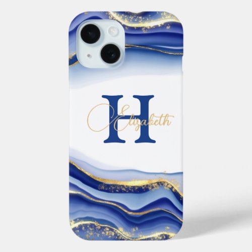 Blue Gold Swirl Pattern Monogram Name Initial  iPhone 15 Case