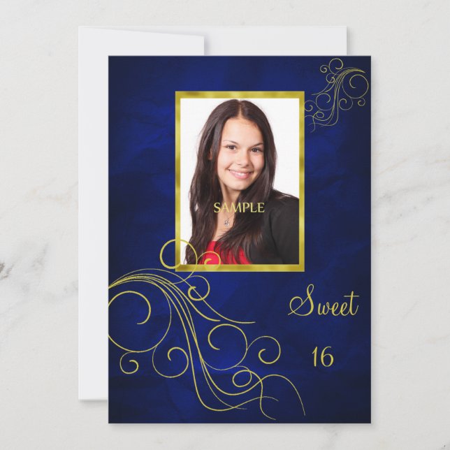 Blue Gold Swirl Photo Sweet 16 Invitation (Front)
