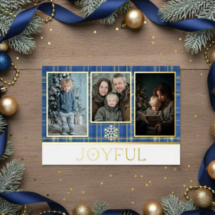 Blue & Gold Tartan Plaid Christmas Joyful Photo Foil Holiday Card