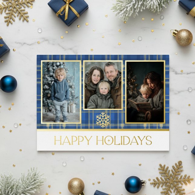 Blue & Gold Tartan Plaid Happy Holidays Photo Foil Holiday Card (Creator Uploaded)