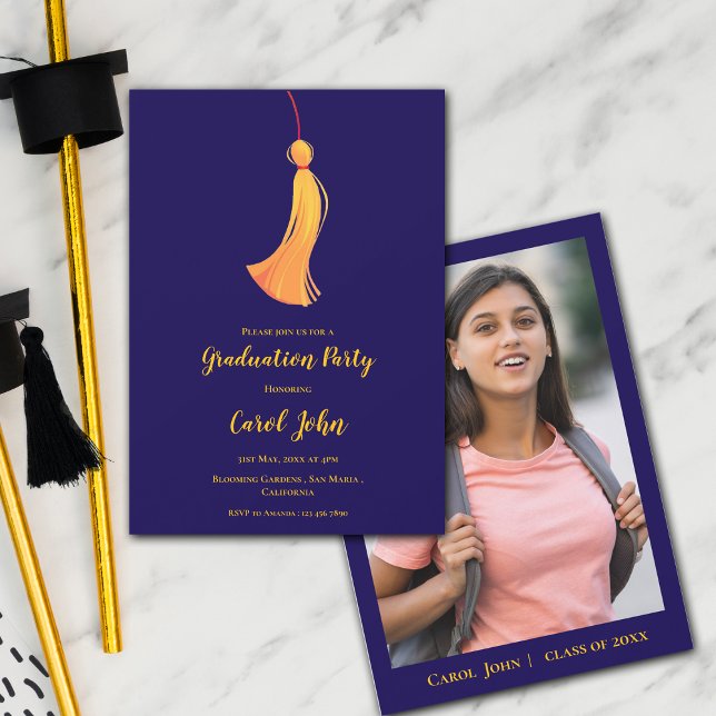 Blue Gold Tassel Cute Photo 2026 Graduation Party Invitation (Blue Gold Tassel Cute Photo 2025 Graduation Party Invitation)