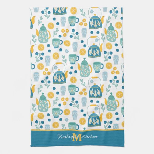 Blue Gold Tea Time Pattern Monogram Kitchen Towel