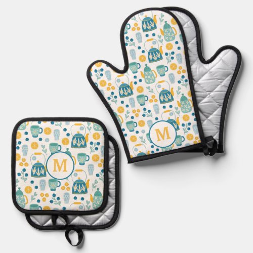 Blue Gold Tea Time Pattern Monogram Oven Mitt  Pot Holder Set