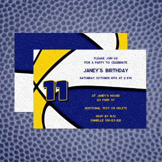 blue gold team colors basketball birthday invitation