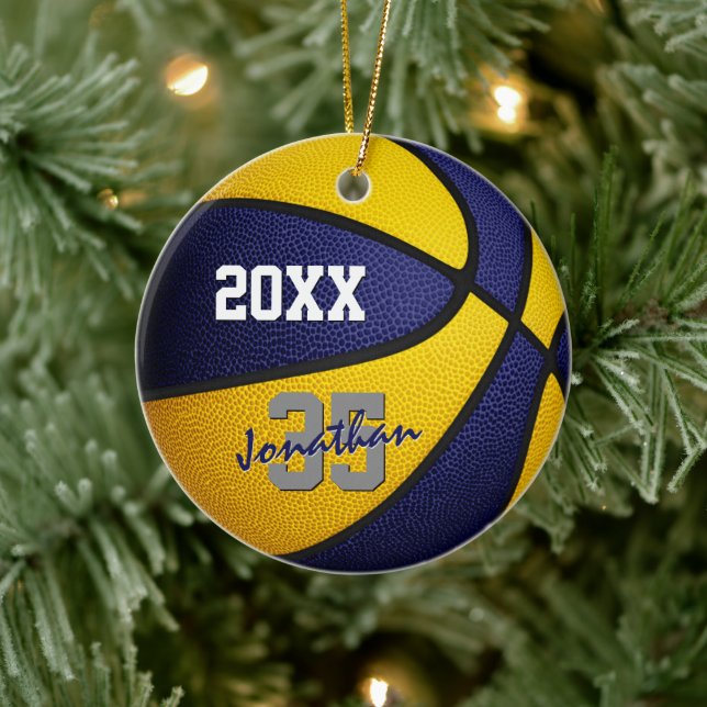 blue gold team colors basketball keepsake ceramic ornament (Tree)