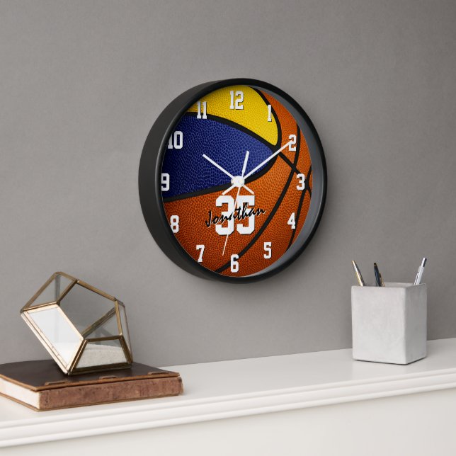 blue gold team colors basketball sports room clock (Office)